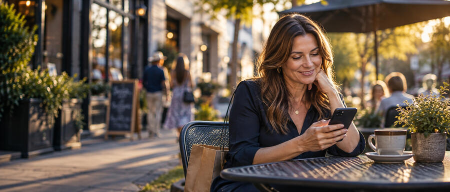 FinnPay360 Stay Connected A woman sitting looking at her phone