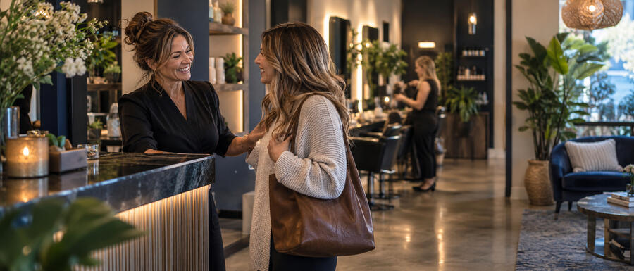 two woman standing at a counter in a salon talking
